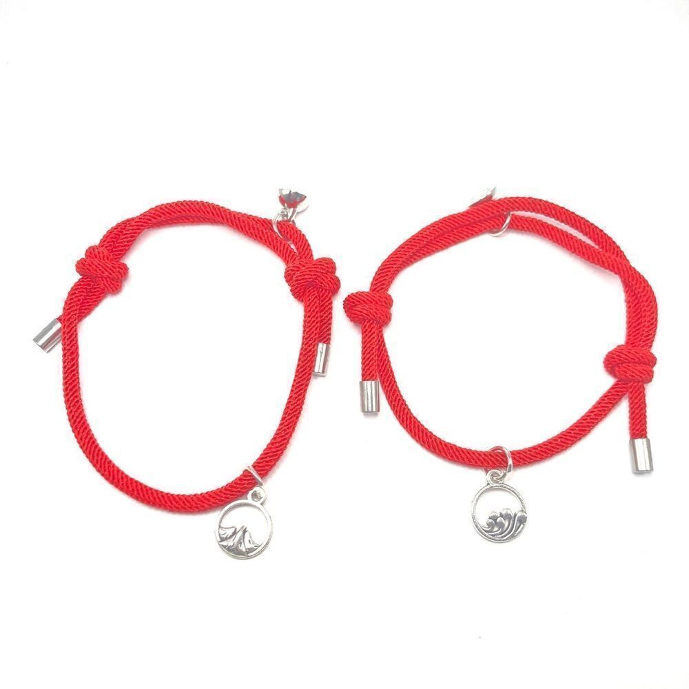 Red His and Hers Couples Magnetic Charm Adjustable Rope Bracelet